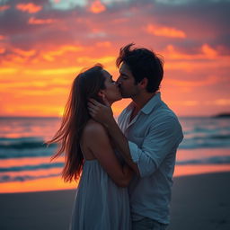 A stunningly realistic scene of a man gently kissing a woman under a breathtaking sunset