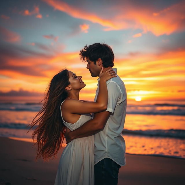 A stunningly realistic scene of a man gently kissing a woman under a breathtaking sunset