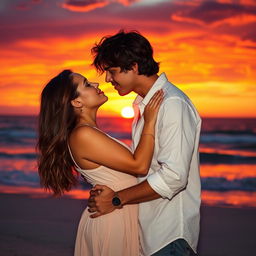 A stunningly realistic scene of a man gently kissing a woman under a breathtaking sunset