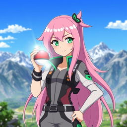 A striking female anime character standing confidently, holding a glowing Pokeball in her hand