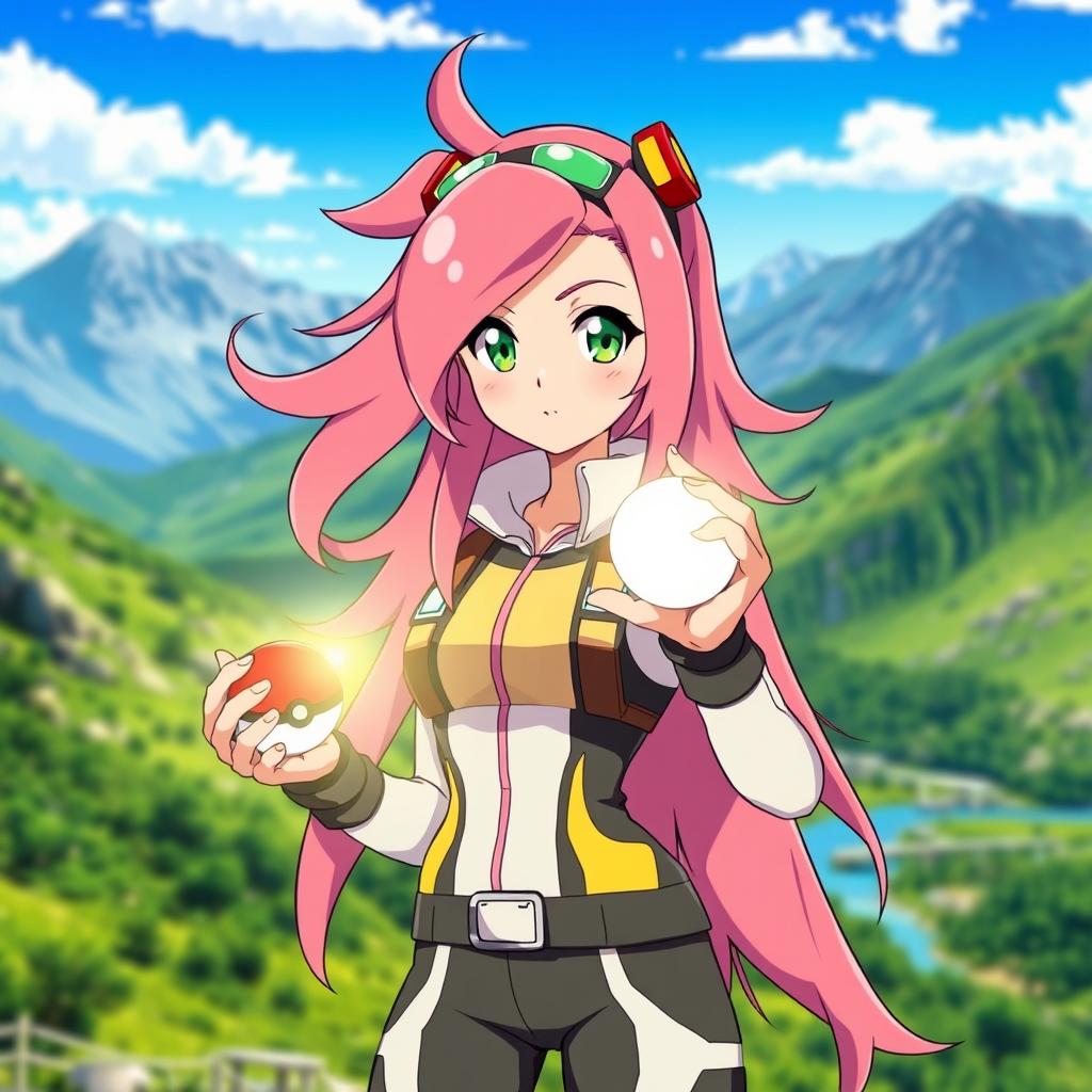 A striking female anime character standing confidently, holding a glowing Pokeball in her hand