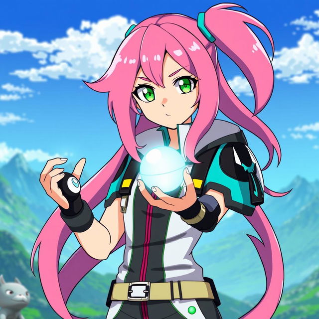 A striking female anime character standing confidently, holding a glowing Pokeball in her hand