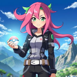 A striking female anime character standing confidently, holding a glowing Pokeball in her hand