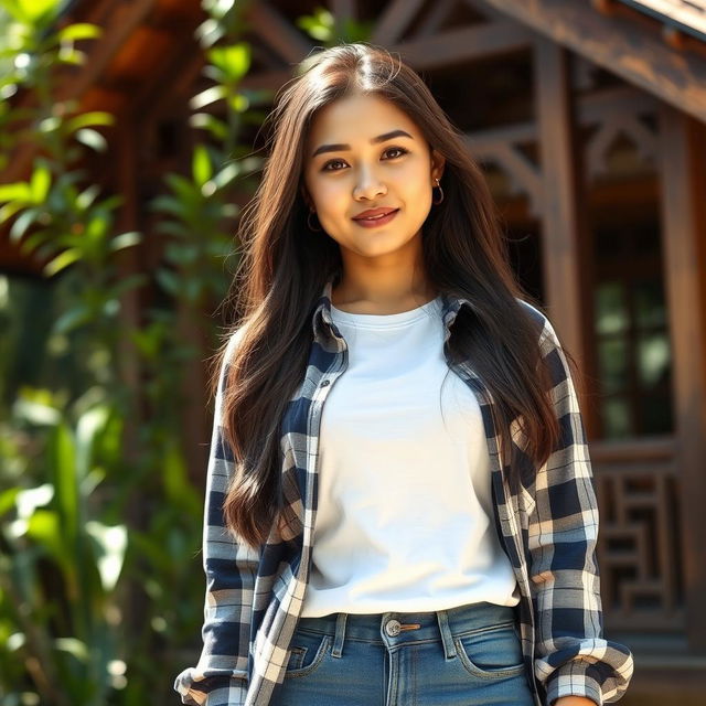 A beautiful and sweet-faced Thai woman aged 30, with long hair and a curvy figure, wearing a white t-shirt layered with a checked long-sleeve shirt