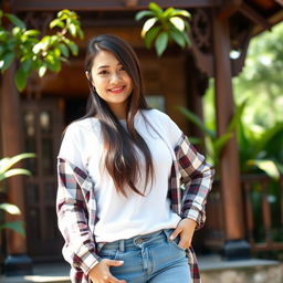 A beautiful and sweet-faced Thai woman aged 30, with long hair and a curvy figure, wearing a white t-shirt layered with a checked long-sleeve shirt