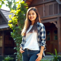 A beautiful and sweet-faced Thai woman aged 30, with long hair and a curvy figure, wearing a white t-shirt layered with a checked long-sleeve shirt