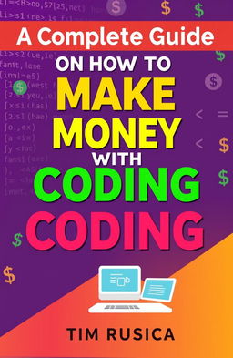 A modern, sleek digital cover for a guide titled 'A Complete Guide on How to Make Money with Coding' by Tim Ruscica