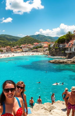 A picturesque landscape featuring a breathtaking tourism destination, showcasing iconic landmarks such as a vibrant beach with crystal clear waters, lush green hills in the background, and charming local architecture