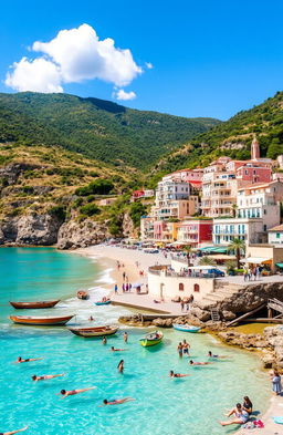 A picturesque landscape featuring a breathtaking tourism destination, showcasing iconic landmarks such as a vibrant beach with crystal clear waters, lush green hills in the background, and charming local architecture