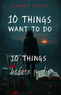 A somber book cover design featuring a solitary figure standing in the rain, dressed in muted colors