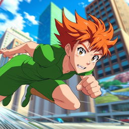 A dynamic image of a male anime character with striking ginger hair and charming freckles, showcasing an athletic build
