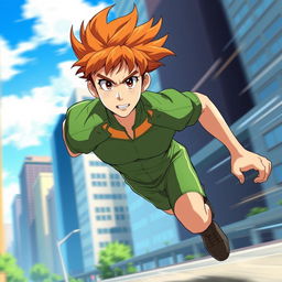 A dynamic image of a male anime character with striking ginger hair and charming freckles, showcasing an athletic build