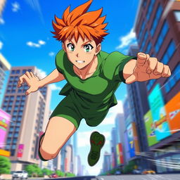 A dynamic image of a male anime character with striking ginger hair and charming freckles, showcasing an athletic build