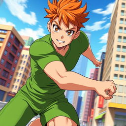 A dynamic image of a male anime character with striking ginger hair and charming freckles, showcasing an athletic build