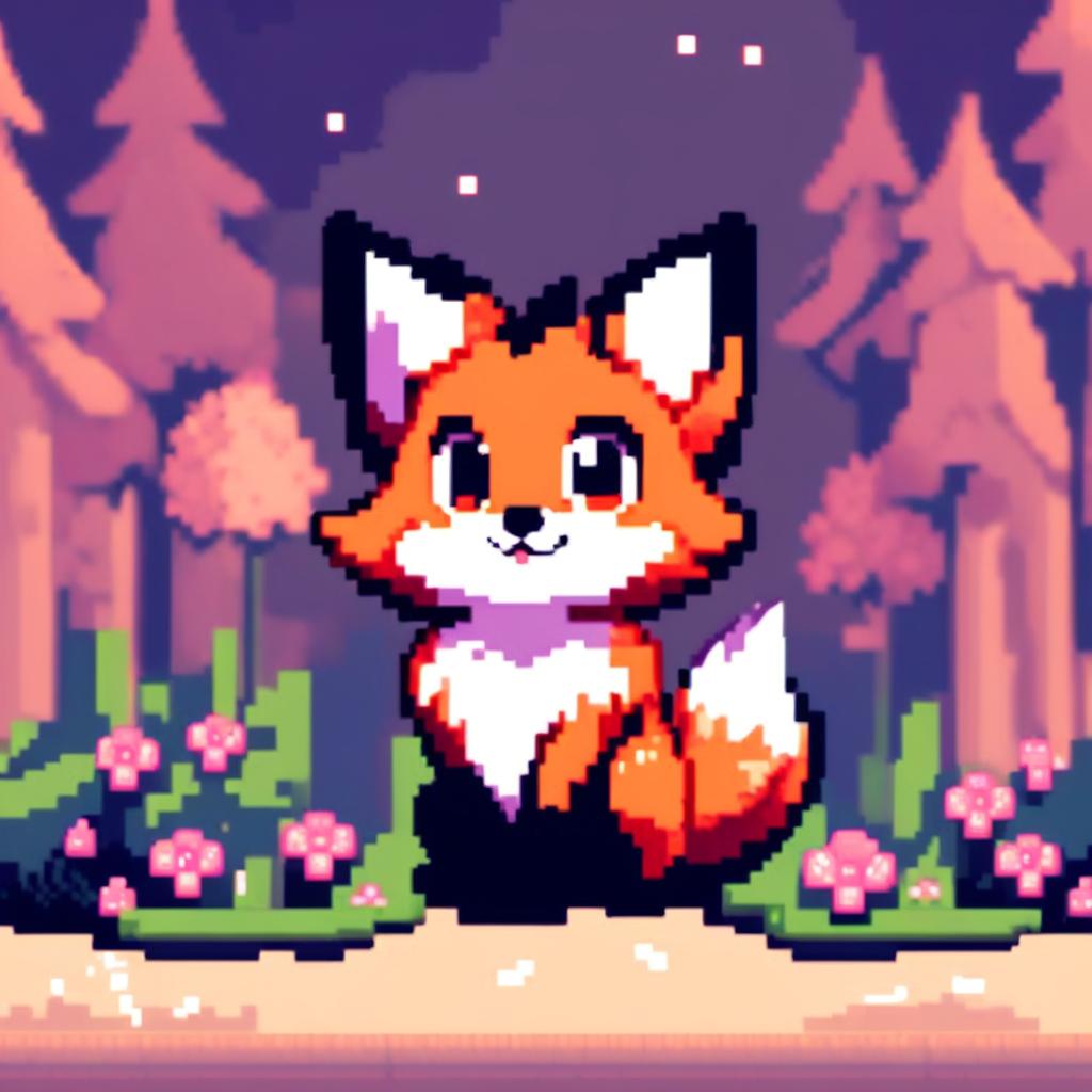 Pixel art profile picture featuring a distinct adorable fox with gleaming eyes and a lively pose against a unique background.