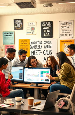 A motivational and inspiring scene depicting a diverse group of young entrepreneurs brainstorming and working together in a modern office space