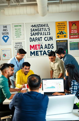 A motivational and inspiring scene depicting a diverse group of young entrepreneurs brainstorming and working together in a modern office space