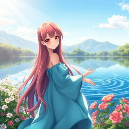 A serene image of a female anime character with long, flowing red hair cascading down her back and beautiful brown eyes that radiate warmth