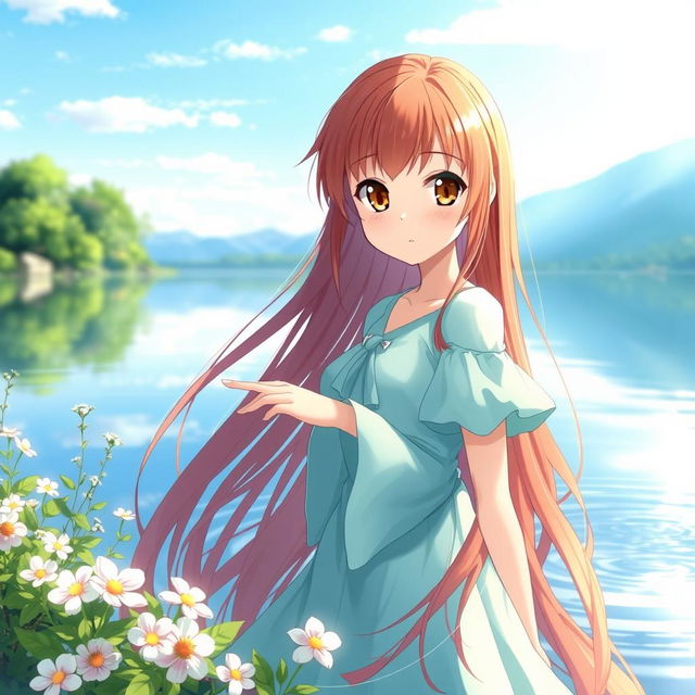 A serene image of a female anime character with long, flowing red hair cascading down her back and beautiful brown eyes that radiate warmth