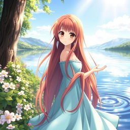 A serene image of a female anime character with long, flowing red hair cascading down her back and beautiful brown eyes that radiate warmth