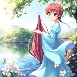 A serene image of a female anime character with long, flowing red hair cascading down her back and beautiful brown eyes that radiate warmth