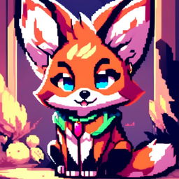 Pixel art profile picture featuring a distinct adorable fox with gleaming eyes and a lively pose against a unique background.