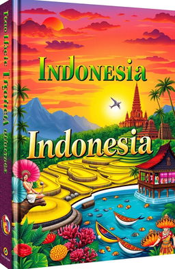 A beautifully illustrated book cover featuring serene Indonesian tourism destinations such as lush rice terraces, vibrant coral reefs, and iconic temples like Borobudur and Prambanan