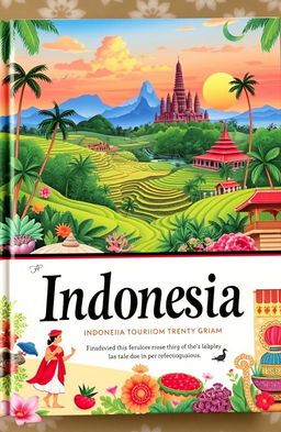 A beautifully illustrated book cover featuring serene Indonesian tourism destinations such as lush rice terraces, vibrant coral reefs, and iconic temples like Borobudur and Prambanan