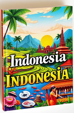 A beautifully illustrated book cover featuring serene Indonesian tourism destinations such as lush rice terraces, vibrant coral reefs, and iconic temples like Borobudur and Prambanan