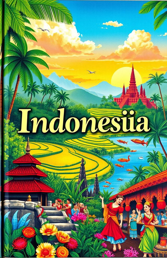 A beautifully illustrated book cover featuring serene Indonesian tourism destinations such as lush rice terraces, vibrant coral reefs, and iconic temples like Borobudur and Prambanan