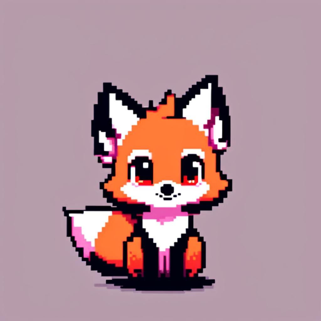 Pixel art profile picture featuring a new adorable fox with bright eyes and a cheerful pose against a contrasting background.