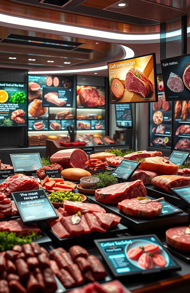 A futuristic scene showcasing a smart digital landscape filled with various types of meat products, elegantly displayed with Meta Ads integrated into the environment