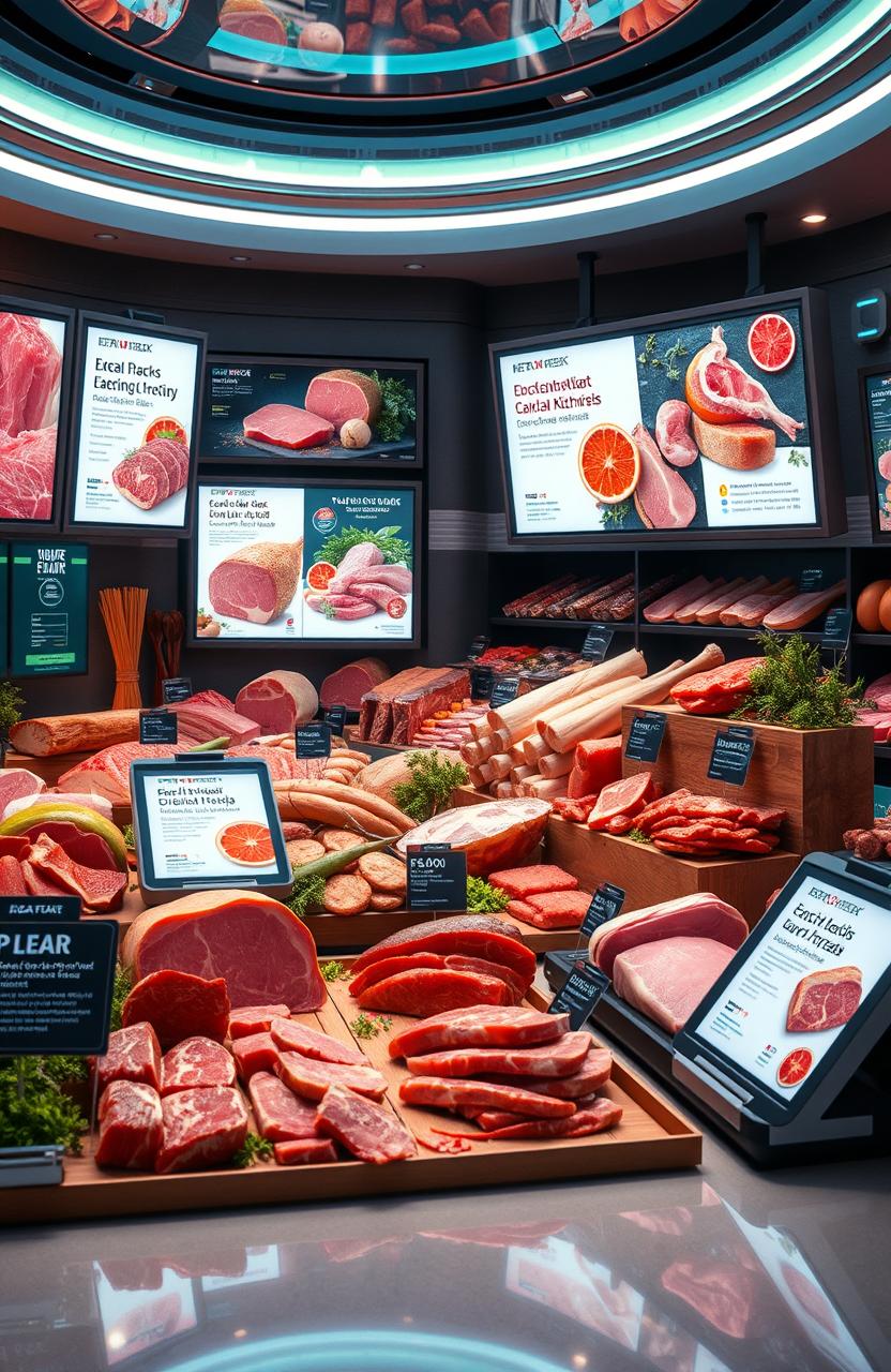 A futuristic scene showcasing a smart digital landscape filled with various types of meat products, elegantly displayed with Meta Ads integrated into the environment