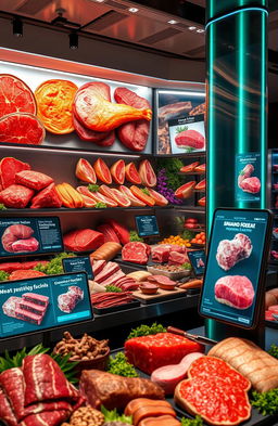 A futuristic scene showcasing a smart digital landscape filled with various types of meat products, elegantly displayed with Meta Ads integrated into the environment