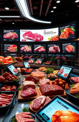 A futuristic scene showcasing a smart digital landscape filled with various types of meat products, elegantly displayed with Meta Ads integrated into the environment