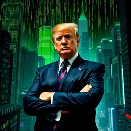 A surreal fusion of the iconic imagery from the Matrix films featuring a futuristic city filled with towering skyscrapers and distinct green digital rain, alongside a stylized interpretation of Donald Trump in a sleek, dark suit, creating a powerful, charismatic figure