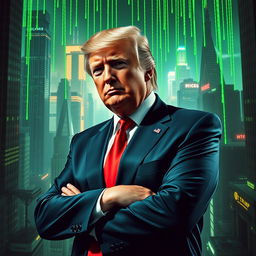A surreal fusion of the iconic imagery from the Matrix films featuring a futuristic city filled with towering skyscrapers and distinct green digital rain, alongside a stylized interpretation of Donald Trump in a sleek, dark suit, creating a powerful, charismatic figure