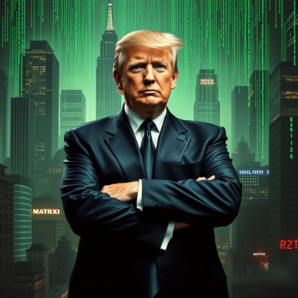 A surreal fusion of the iconic imagery from the Matrix films featuring a futuristic city filled with towering skyscrapers and distinct green digital rain, alongside a stylized interpretation of Donald Trump in a sleek, dark suit, creating a powerful, charismatic figure