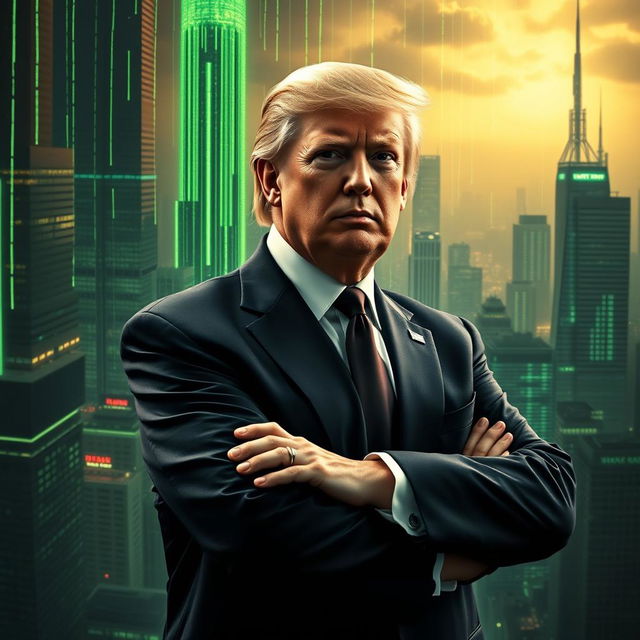 A surreal fusion of the iconic imagery from the Matrix films featuring a futuristic city filled with towering skyscrapers and distinct green digital rain, alongside a stylized interpretation of Donald Trump in a sleek, dark suit, creating a powerful, charismatic figure