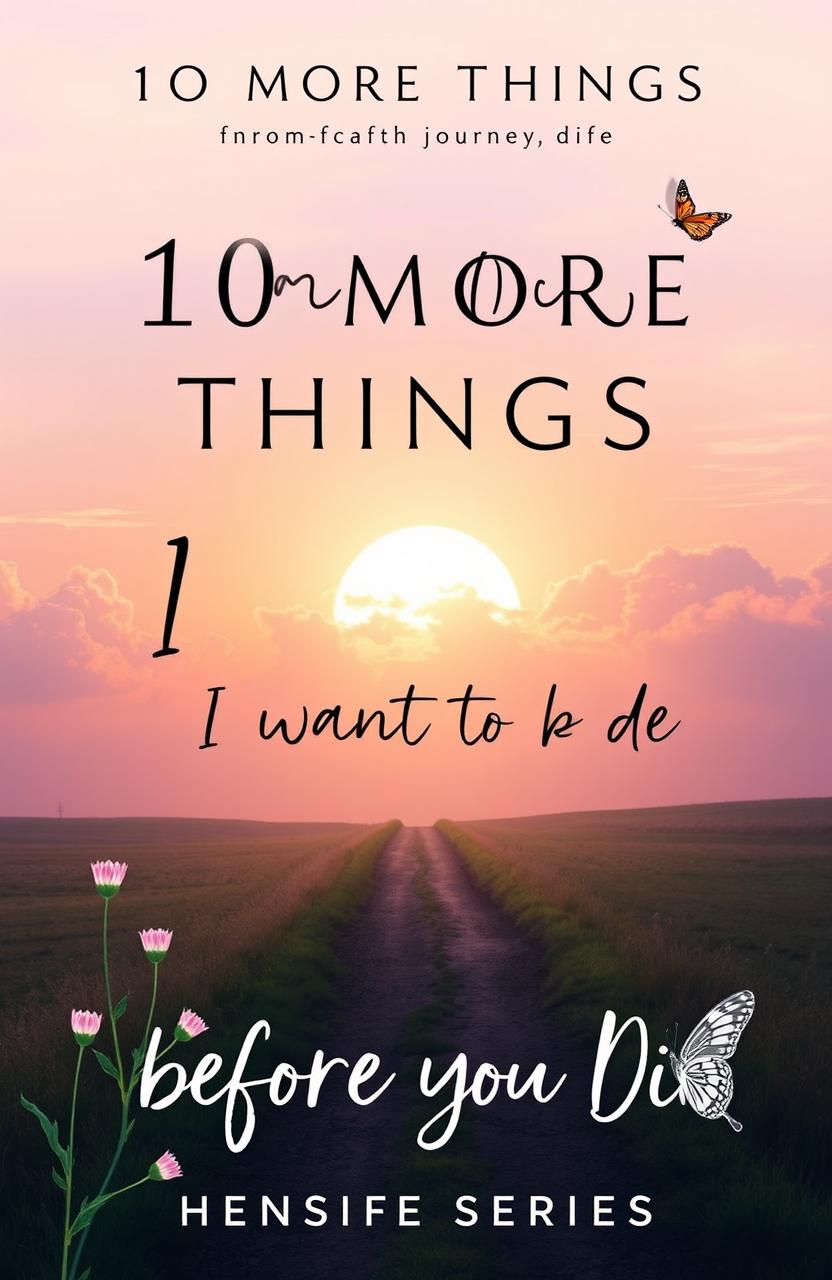 A book cover design titled '10 MORE THINGS I WANT TO DO BEFORE I DIE,' featuring a picturesque sunrise breaking through soft, fluffy clouds, symbolizing resilience and new beginnings