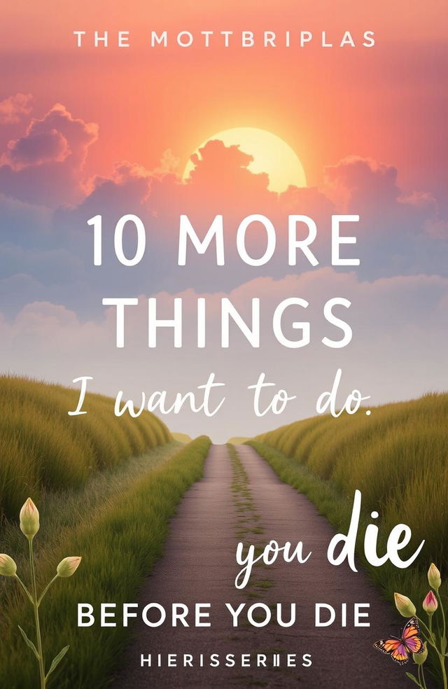 A book cover design titled '10 MORE THINGS I WANT TO DO BEFORE I DIE,' featuring a picturesque sunrise breaking through soft, fluffy clouds, symbolizing resilience and new beginnings