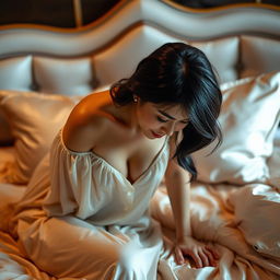 A 50-year-old Thai woman with black hair, large breasts, wearing a light and translucent nightgown, in a bent-over position on a luxurious bed