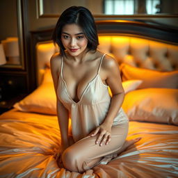 A 50-year-old Thai woman with black hair, large breasts, wearing a light and translucent nightgown, in a bent-over position on a luxurious bed