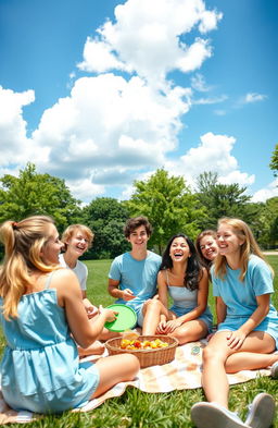 A vibrant, warm scene showcasing a group of happy teenagers having fun outdoors on a sunny day