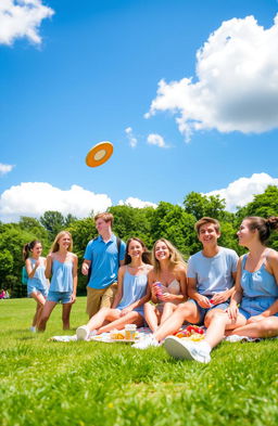 A vibrant, warm scene showcasing a group of happy teenagers having fun outdoors on a sunny day