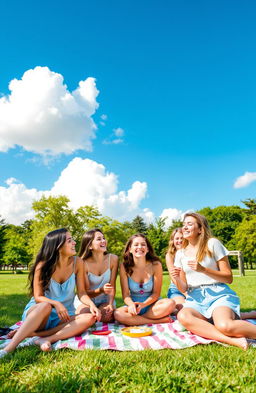 A vibrant, warm scene showcasing a group of happy teenagers having fun outdoors on a sunny day