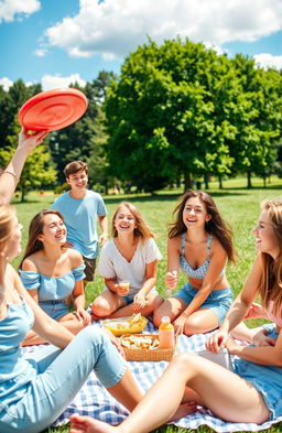 A vibrant, warm scene showcasing a group of happy teenagers having fun outdoors on a sunny day