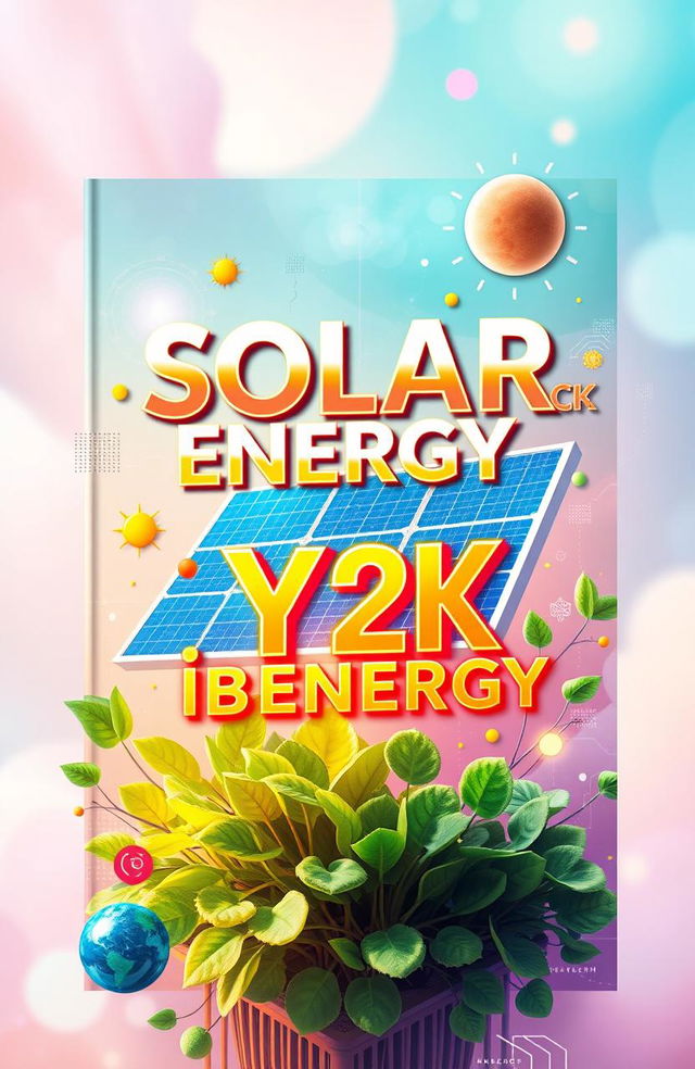 A vibrant and creative book cover design featuring solar energy and bioenergy themes with a Y2K aesthetic