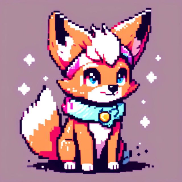 Pixel art profile picture featuring a fresh adorable fox with sparkling eyes and a playful posture against a different color background