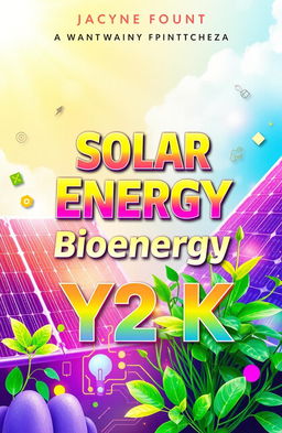 A vibrant and creative book cover design featuring solar energy and bioenergy themes with a Y2K aesthetic